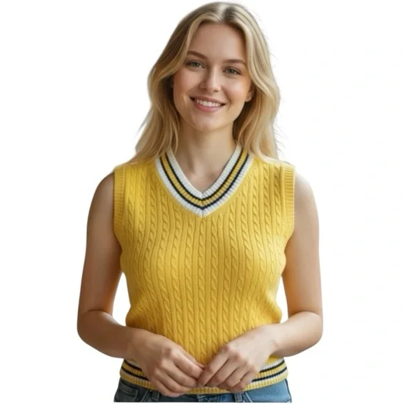 Brooks Brothers Women’s Yellow Cable Knit Tennis V-Neck Vest Sweater Cotton Sz M - Picture 2 of 9